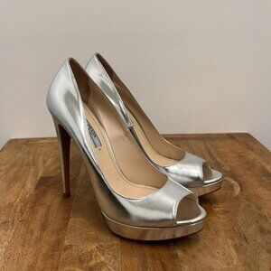 Prada Silver Metallic Leather Peep Toe Platform Pumps w/ Dust Bags